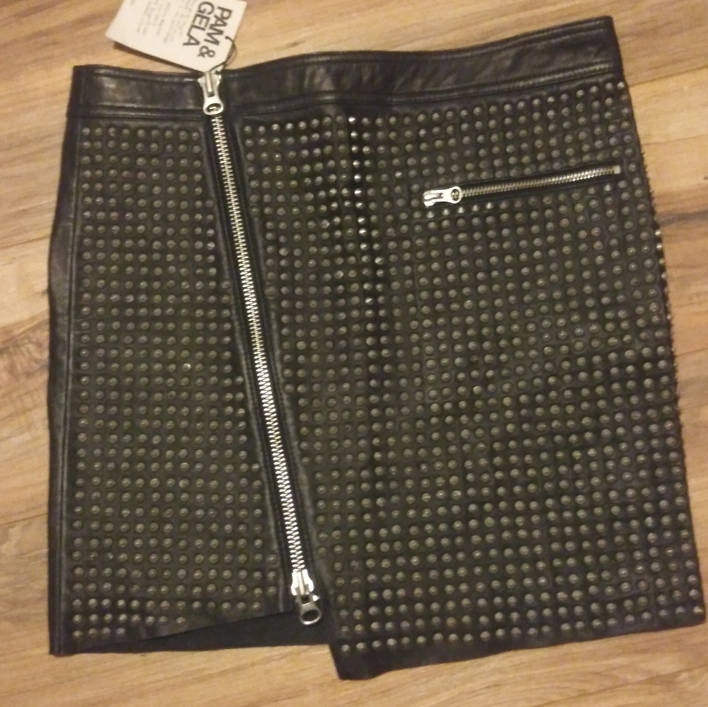 NWT Black leather mini skirt Pam + Geli soft lamb leather real screw in studs